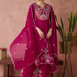 RAJGRANTH Ethnic Motifs Embroidered Mirror Work Georgette Kurta & Trouser With Dupatta image 3