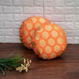 RoyalDeco 2 Pieces Orange & Gold-Toned Ethnic Motifs Banarasi Round Cushion Covers-image-29