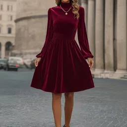 DressBerry Glam Women Mock Neck Gathered or Pleated Fit & Flare Dress-image-63