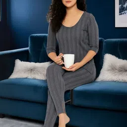 TRENDY RABBIT Women Striped Scoop Neck Thermal Set-image-78