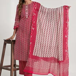 KASHISHIYA Women Floral Printed Regular Thread Work Pure Cotton Kurta with Trousers & With Dupatta-picture-19