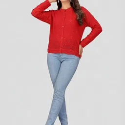 Madborn Creation Women Woollen Open Knit Henley Neck Long Sleevs Button-Up Cardigan-image-38