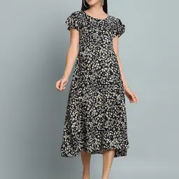 Maheshvi Dress-03-Elora-Black Women Floral Printed Flutter Sleeve Fit & Flare Midi Dress-picture-27
