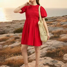 ZUMMER Women Cotton Round Neck Puff Sleeve Smocked A-Line Dress image 1