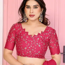 Ambuja International Pure Georgette Saree with Embroidered Border & Sequined Blouse Piece image 5