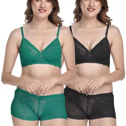 samvar Women Green,Black Net Bra Panty Set for Lingerie Set Undergarments Pack of 2-picture-30