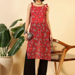 LIPS CROWN Women Floral Printed Shoulder Straps Georgette Straight Kurta-image-98