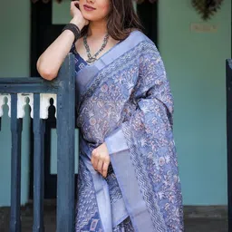 MAHARANI COUTURE Floral Printed Zari Pure Linen Banarasi Saree image 4