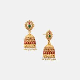 ATIBELLE Rose Gold-Plated Cubic Zirconia Studded & Beaded Dome Shaped Jhumkas image 2