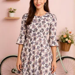 HERE&NOW Floral Print Ruffled Crepe Fit & Flare Dress-picture-36