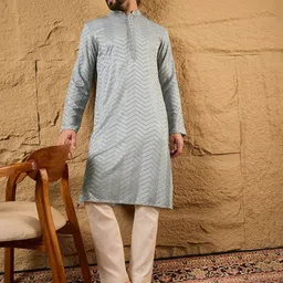 House of Pataudi Men Embroidered Sequined Mandarin Collar Neck Straight Kurta With Trouser image 2