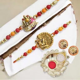 MEIRA JEWELLERY Set Of 2 Stone-Studded & Beaded Rakhi With Greeting Card Gift Set-picture-37