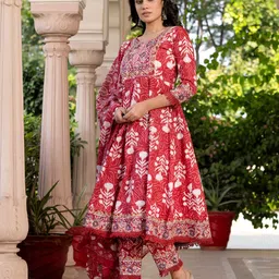 KALINI Women Floral Printed Regular Pure Cotton Kurta with Palazzos & With Dupatta image 2