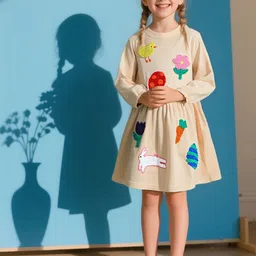 INCLUD Girls Graphic Embroidered Round Neck Long Sleeves Above Knee Fit & Flare Dress-picture-27