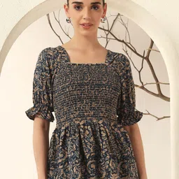 OTABU Women Floral Print Puff Sleeve Smocked Top-image-63
