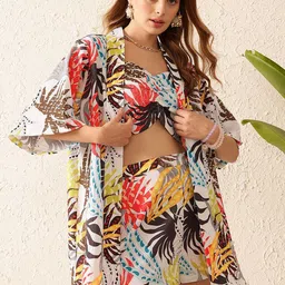 STREET 9 Floral Printed Shoulder Straps Neck Top With Shrug & Shorts Co-Ords-image-44