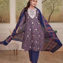 BulBul Women Paisley Embroidered Regular Pure Cotton Kurta with Trousers With Dupatta-image-5