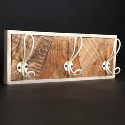 Exotic India Brown & White Textured Wooden 16" Wooden Hanger With Iron Hooks image 5