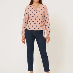 sollobell Women V-Neck Bishop Sleeves Polka Dot Printed Wrap Chiffon Top image 5