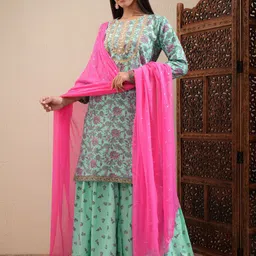 Vishudh Women Floral Printed Regular Thread Work Kurta with Sharara & With Dupatta-picture-30