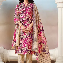 DIVASTRI Women Floral Printed Regular Thread Work Kurta with Trousers & With Dupatta-image-53