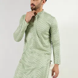 House of Pataudi Chevron Embroidered Mandarin Collar Straight Kurta & Trousers image 3