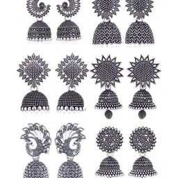 Sangria Set Of 6 Silver Plated Oxidized Jhumka Earrings-image-68