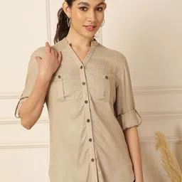 FFU Roll-Up Sleeves Linen Shirt Style Top-picture-47