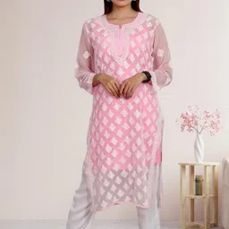 myplusfashion Women Ethnic Motifs Embroidered Chikankari Georgette Kurta image 3