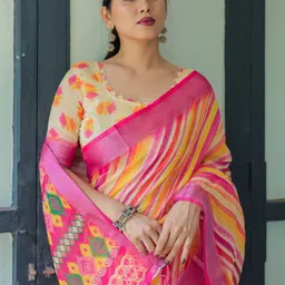 MAHARANI COUTURE Striped Printed Zari Pure Linen Saree image 4