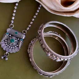 anouk Sangria Set of 3 German Silver Plated & Green Stone Studded floral shaped Bangle & Necklace-picture-35