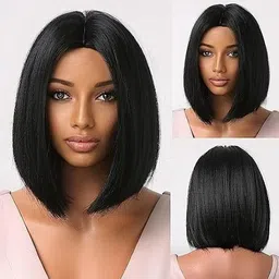 hamsri Full Head Natural Black Straight With Middle Part 14" Bob Wig-N Hair Extension image 2