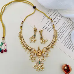 ABDESIGNS Enchanting Gold-Plated Stone Studded & Beaded Temple Jewellery Set-image-47