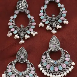fabula Set Of 2 925 Silver Stones Studded & Beaded Oxidised Crescent Chandbalis-picture-11
