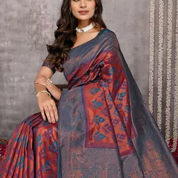 Janasya Women Purple & Copper Ethnic Motifs Kanjivaram Saree with Unstitched Blouse Piece-image-10