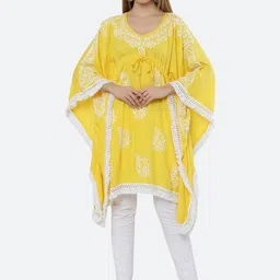 FIIZA Embroidered V-Neck Chikankari Modal Chikankari Kaftan Kurti-picture-35