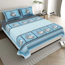 DHANOTA White & Blue Ethnic Motifs 180 TC Bedsheet with 2 Pillow Covers-picture-40