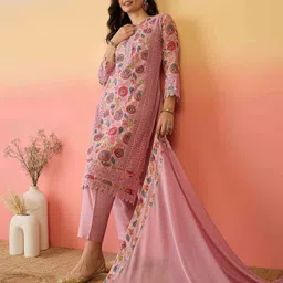 Sangria Pink Floral Printed Schiffli Embroidered Cotton Kurta With Trouser And Dupatta-picture-41