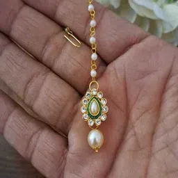 MERYCRAFT Gold-Plated Artificial Stones and Beads Studded Maang Tikka Head Jewellery image 2
