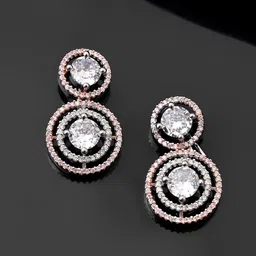 Voylla Rhodium-Plated American Diamond Stone Studded Circular Shaped Drop Earrings-image-36
