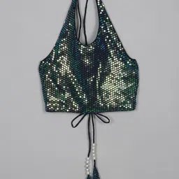 SAKA DESIGNS Embellished Halter Neck Georgette Crop Top-picture-14