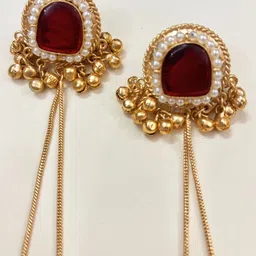 VIVAZS Gold-Plated Artificial Stones Studded and Beads Geometric Drop Earrings image 2