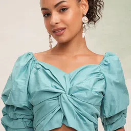 Tokyo Talkies Sweetheart Neck Puff Sleeve Twisted Cotton Crop Top-picture-39