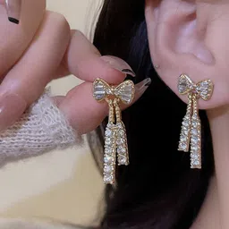 Anouk Korean Gold Plated American Diamond Studded Bow Shaped Drop Earrings image 3