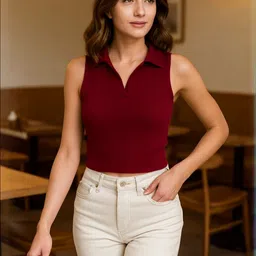 KATECLO Women Ribbed Shirt Collar Sleeveless Cotton Fitted Top-picture-10