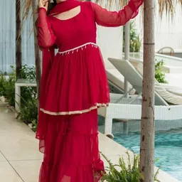 SWEETPEL Women Tiered Kurta with Sharara & With Dupatta image 4