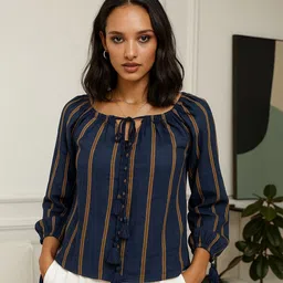 sollobell Striped Puff Sleeves Tie-Up Neck Regular Top-picture-30