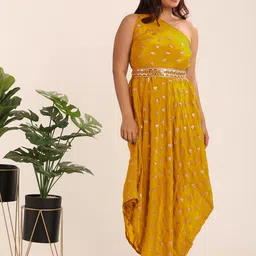 THE BLESSED WARDROBE Women Embellished One Shoulder Georgette A-line Ethnic Dress-image-0