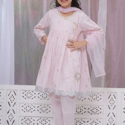 Little Bansi Girls Floral Woven Design Pure Cotton A-Line Kurta with Salwar & Dupatta-picture-30