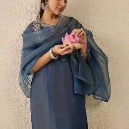 Indo Era Ethnic Motifs Embroidered Thread Work Liva Straight Kurta With Trousers & Dupatta image 5